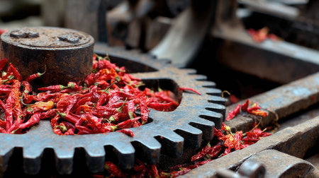 Close-up view of dried red chilies resting on a rusty machinery gear, showcasing the intersection of agriculture and industrial processes in food production.の素材