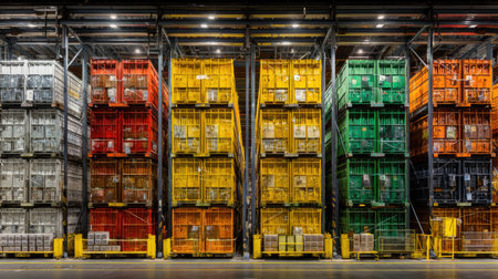 A vibrant collection of neatly organized storage crates in various colors line the shelves of a spacious warehouse, showcasing an efficient logistics setup.の素材
