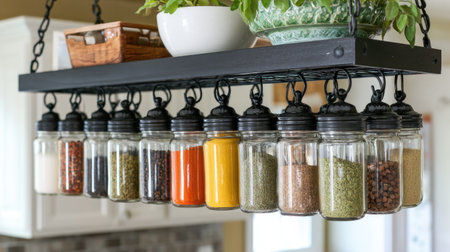 A stylish wall-mounted spice rack showcases an assortment of glass jars filled with vibrant spices, enhancing any kitchen's organization and aesthetics.の素材