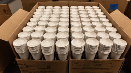 A large quantity of white disposable cups neatly stacked in cardboard boxes, ideal for events, catering, and food service needs, showcasing organized storage.の素材