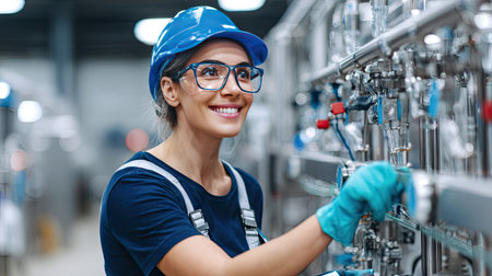 A dedicated female technician working diligently in a modern industrial environment. She is equipped with safety gear, including gloves and a hard hat, while performing maintenance on advanced machinery.の素材