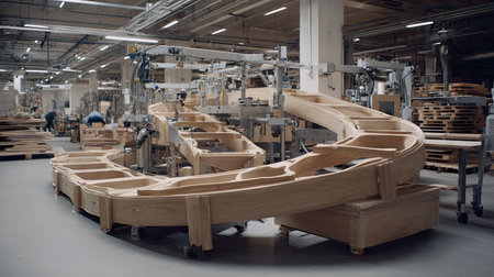 This image showcases a modern wooden furniture production line in an industrial workshop, highlighting the intricate machinery and skilled craftsmen at work.の素材