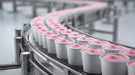 A vibrant scene showcasing jars of pink yogurt moving along a conveyor belt in a contemporary food processing facility, illustrating automation in dairy production.の素材