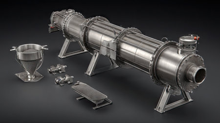 This image showcases a detailed view of high-quality industrial equipment used in engineering and manufacturing, featuring smooth metallic textures and intricate designs.の素材