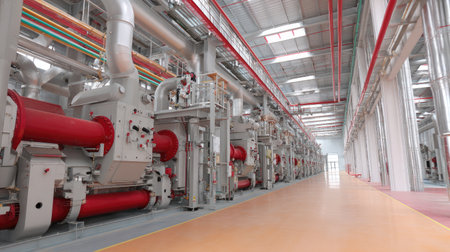 A spacious industrial facility showcasing advanced machinery and equipment in a well-lit manufacturing environment, highlighting modern engineering innovations.の素材