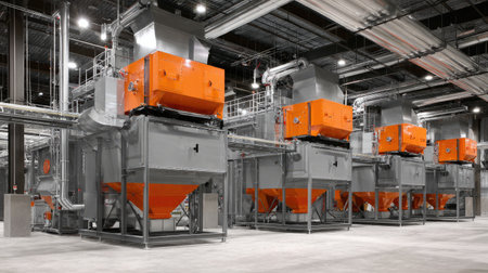 This image showcases a modern industrial manufacturing facility, featuring advanced equipment designed for efficient production. The scene emphasizes spaciousness and organization, highlighting technology integration in manufacturing operations.の素材