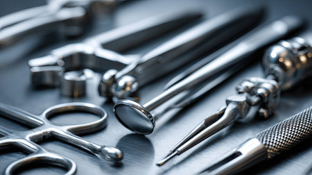 A close-up of precision surgical tools arranged on a polished surface, showcasing their fine craftsmanship and hygienic quality for medical professionals.の素材