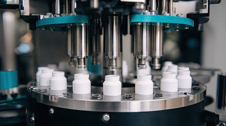 Close-up view of advanced industrial machinery used in the bottle filling process, showcasing the precision and technology of modern manufacturing operations.の素材
