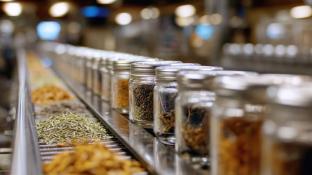 A vibrant display of various spice jars lined on a metal rack showcases an array of dried herbs and seasonings perfect for enhancing culinary experiences.の素材