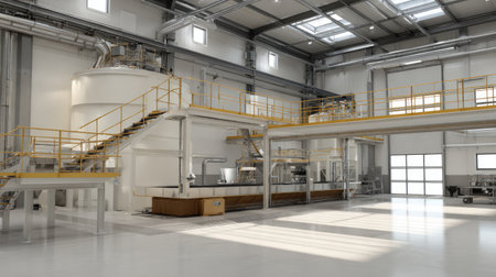 A spacious and modern industrial manufacturing facility interior showcasing advanced machinery and equipment, excellent lighting, and optimized workflow.の素材