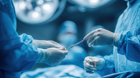 A close-up view of surgeons in blue scrubs collaborating during a surgical procedure in a modern operating room, showcasing teamwork and precision.の素材