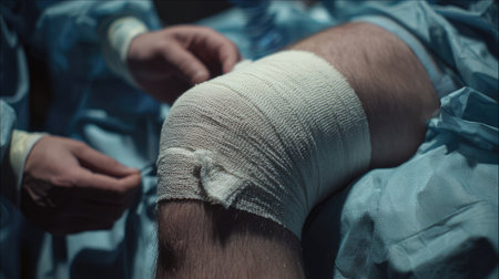 In this image, a medical professional is carefully applying a bandage to a patient's knee in a clinical setting, highlighting the emphasis on patient care and hygiene during treatment.の素材