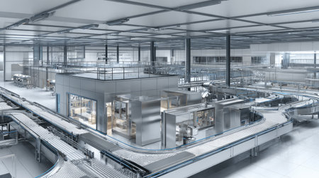 A spacious modern factory interior showcasing advanced automation with conveyor belts and various machinery designed for efficient production and manufacturing processes.の素材