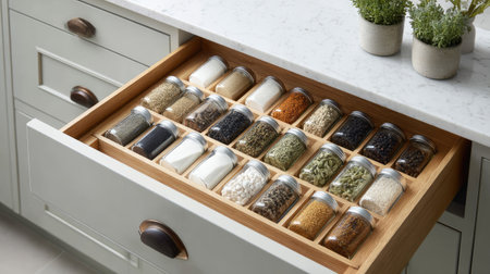 A beautifully arranged kitchen drawer showcasing glass jars filled with various spices and grains. Ideal for cooking enthusiasts seeking organization and style.の素材