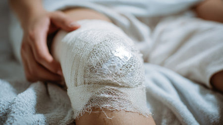 A close-up image of a bandaged knee highlighting the importance of care and treatment for injuries. This scene depicts recovery at home.の素材