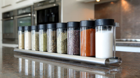 This image showcases a sleek modern spice rack featuring clear containers filled with various spices, beautifully arranged on a kitchen countertop.の素材