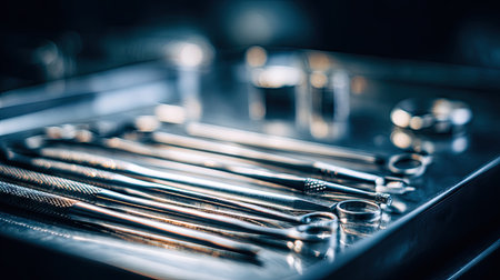 A detailed close-up image showcasing a collection of gleaming dental tools arranged neatly on a stainless steel tray, perfect for healthcare and medical presentations.の素材