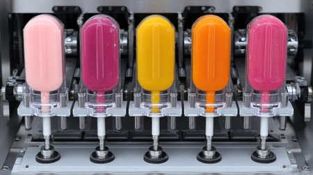 This image showcases a modern industrial machine in action, producing colorful popsicles in various fruity flavors. The bright colors invite a sense of joy and refreshment.の素材
