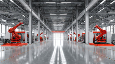 A spacious and well-lit high-tech manufacturing facility featuring advanced robotic arms for efficient production and innovative automation solutions.の素材
