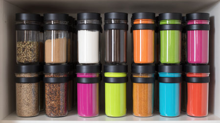 A vivid collection of jars filled with various spices and ingredients lined up neatly on a kitchen shelf, featuring black lids and clear containers that enhance visual appeal.の素材