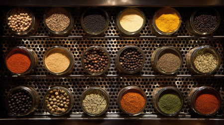A visually captivating arrangement of various spices in glass jars showcases an array of colors and textures, perfect for culinary inspiration.の素材