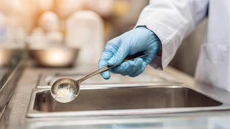 A laboratory technician in protective gloves using a ladle to scoop a sample from a stainless steel sink in a modern medical facility, highlighting precision and cleanliness in scientific research.の素材