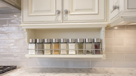 This elegant kitchen scene features a neatly organized spice rack with clear glass jars and stainless steel lids, enhancing cooking efficiency and style.の素材