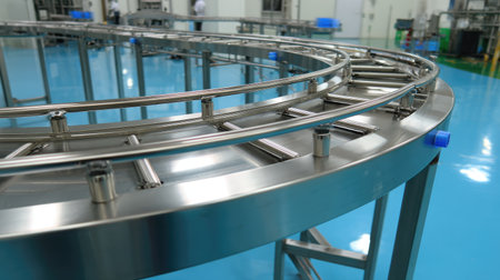 This image features a sleek industrial conveyor belt system designed for a modern manufacturing facility, showcasing efficient transport and assembly.の素材