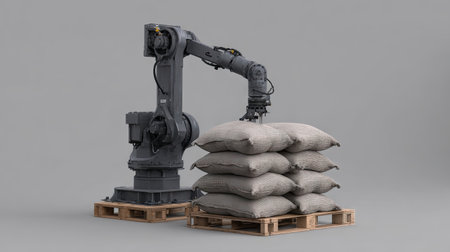 A cutting-edge industrial robot efficiently stacking bags on wooden pallets in a sleek factory setting, showcasing advanced automation in logistics and productivity.の素材