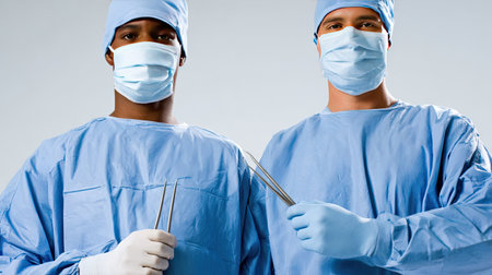 Two male surgeons dressed in blue scrubs and masks stand together, holding surgical instruments and ready for an operation in a sterile environment.の素材