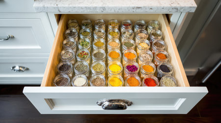 A well-organized kitchen drawer filled with colorful spice jars showcases a vibrant collection of herbs and seasonings perfect for culinary enthusiasts.の素材