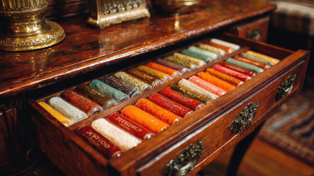 This image showcases an elegant wooden drawer filled with vibrant fabric rolls, emphasizing a rich color palette. The arrangement highlights artistic craftsmanship and design inspiration, perfect for textile enthusiasts and interior decorators.の素材