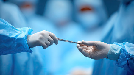 A close-up view of a surgical team in the operating room exchanging a surgical instrument, showcasing teamwork, precision, and dedication to patient care.の素材