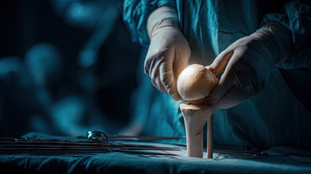 A medical professional performs a knee reconstruction in a surgical setting. The focus is on the careful handling of an artificial joint. The environment highlights precision and advanced techniques in modern medicine.の素材