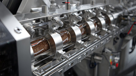 This image showcases advanced industrial equipment designed for coffee roasting, featuring intricate machinery and transparent containers filled with coffee beans.の素材