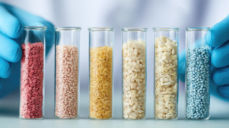 Vibrant test tubes filled with various granulated substances showcase the diversity of materials used in scientific research and experimentation.の素材
