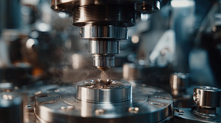 Close-up view of CNC machine tool precisely cutting a metal part in an industrial workshop. The intricate process highlights technology and engineering in action.の素材