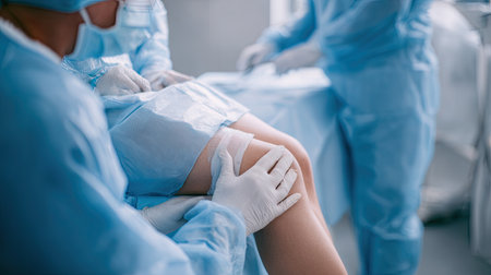 Two medical professionals in blue scrubs conduct a careful examination of a patient's knee in a clean, modern healthcare environment.の素材