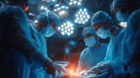A dedicated surgical team engages in a complex medical procedure in a brightly lit operating room, showcasing precision and collaboration amid advanced technology.の素材