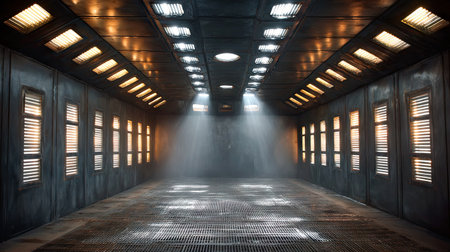 This industrial interior showcases a spacious room defined by a high ceiling, metal flooring, and striking light beams. The grungy aesthetic adds to its unique atmosphere.の素材