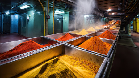 This image captures a vibrant spice factory with metal bins filled with colorful powders. Steam rises from piles of spices, creating an inviting atmosphere.の素材