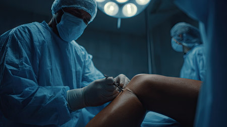 A skilled surgeon performs a precise surgical procedure on a patient's knee, showcasing a sterile operating room environment and advanced medical techniques.の素材