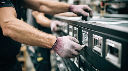 Workers engage in organizing storage drawers in an industrial setting, showcasing their hands at work with attention to detail and precision.の素材