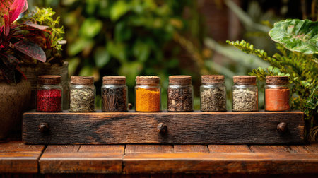 A beautiful arrangement of colorful spice jars on a rustic wooden shelf, surrounded by lush greenery, showcasing natural elements in a beautiful kitchen setting.の素材