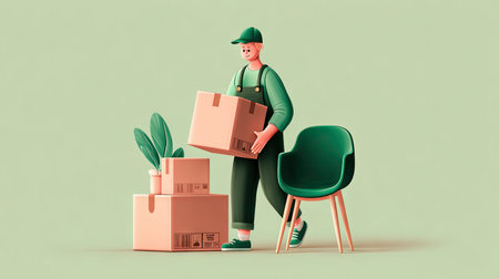 A cheerful delivery person carrying boxes in a minimalistic room featuring a green chair and a potted plant, symbolizing efficient logistics and unpacking.の素材