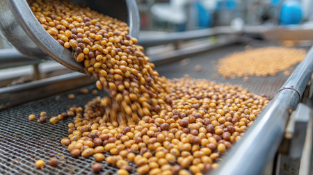 A vivid image showcasing a steel container pouring a mix of yellow and brown seeds onto a conveyor belt in a modern agricultural facility.の素材