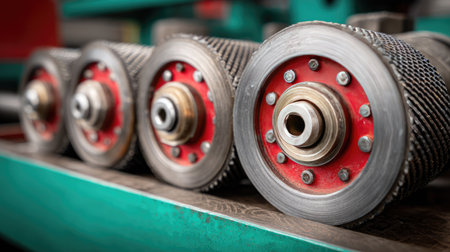 This close-up image showcases industrial roller wheels crafted from metal with vivid red components. Perfect for highlighting manufacturing, engineering, and precision technology.の素材