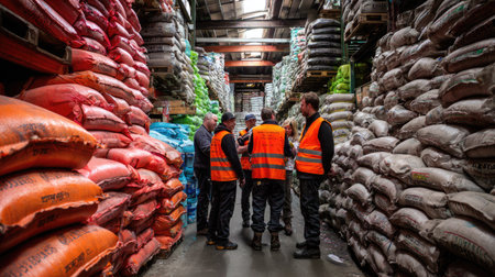 A group of warehouse workers in safety vests collaborates on inventory management amid vibrant bags of materials lining the aisles, showcasing teamwork.の素材