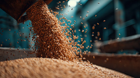 Dive into the world of agriculture with this close-up image capturing the moment grains are poured onto the processing floor in a bustling facility.の素材