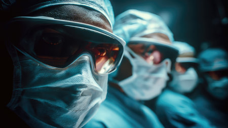 A focused team of surgeons in scrubs and masks prepares for a critical operation. The scene highlights the intensity and professionalism of the surgical environment.の素材